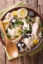Scottish cock-a-leekie soup with leeks and prunes close up in a Royalty Free Stock Photo