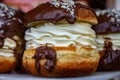 Scottish cream choux buns with chocolate close up