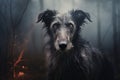 A Scottish deerhound portrait in a foggy forest.