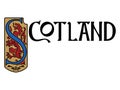 Scottish design in vintage, retro style. Heraldic lion in a shield and vintage inscription - Scotland in Celtic style