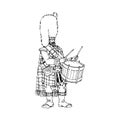 A Scottish drummer in a bearskin hat. Festive military band. In black ink.