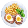 Scottish eggs deep fried with french fries watercolor Royalty Free Stock Photo