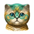 Scottish Fold cat portrait icon front head colorful green yellow.