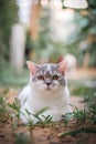 Scottish fold cat sitting in the garden with green grass. Tabby cat looking at camera. Cute cat sitting on the floor