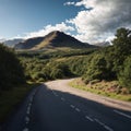 Scottish glen with mountains at the background and a road in a pine forest made with Generative AI Royalty Free Stock Photo