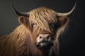 Scottish highland cattle close up. Side view of big brown hairy cow. Generative AI Royalty Free Stock Photo