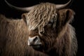 Scottish highland cattle close up. Side view of big brown hairy cow. Generative AI