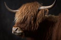 Scottish highland cattle close up. Side view of big brown hairy cow. Generative AI Royalty Free Stock Photo