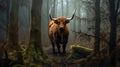 Scottish highland cow standing in forest, looking at camera