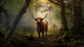 Scottish highland cow standing in forest, looking at camera