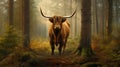 Scottish highland cow standing in forest, looking at camera