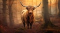 Scottish highland cow standing in forest, looking at camera