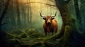 Scottish highland cow standing in forest, looking at camera