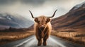 Scottish highland cow standing on the road, Scotland, UK Generative AI