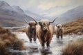 Scottish highlanders in winter landscape. Generative AI