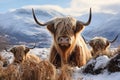 Scottish highlanders in winter landscape. Generative AI