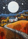 The Scottish House in the Field of Trees Under the Full Moon Royalty Free Stock Photo