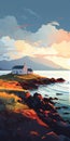Scottish Landscape Painting Of A Cottage By The Sea At Sunset Royalty Free Stock Photo