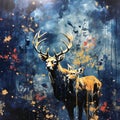 Scottish Landscapes: Dark Sky-blue And Gold Deer Art On Canvas