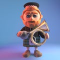 Scottish man in 3d wearing a tartan kilt and sporran holding an old vintage car horn, 3d illustration Royalty Free Stock Photo