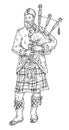 Scottish man dressed in kilt playing traditional bagpipes. Vintage vector black engraving Royalty Free Stock Photo