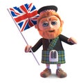 Scottish man in kilt waving the British Union Jack flag, 3d illustration