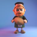 Scottish man with red beard wearing a kilt and holding a rugby ball, 3d illustration