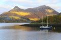 Scottish Mountains with a blue boat on the loch.