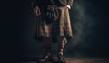 A Scottish musician in traditional clothing plays a musical instrument generated by AI