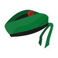 Scottish National traditional cap or beret with bubo and green checkered pattern in red colors.Scotland single icon