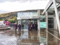 Scottish parliament entrance on a rainy day in Edinburgh