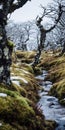 Scottish Rainforest: Snowy Stream And Mosses Surrounding A Majestic Tree