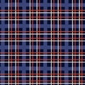 Scottish tartan plaid seamless pattern. Dark blue and red stripes repeat background. Vector check fabric texture.