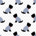 Scottish terrier in a sailor t-shirt seamless pattern. Sitting dogs on white polka dots background. Royalty Free Stock Photo