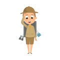 Scout Boy with Backpack and Binoculars, Cute Scouting Elementary School Child Character in Uniform, Summer Holiday