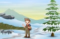 Scout boy with backpack walking on snow Royalty Free Stock Photo