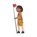 Scout Boy Standing with Red Flag, Scouting Kid Character Wearing Uniform and Neckerchief, Summer Camp Activities Vector