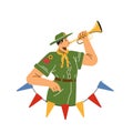 Scout bugler blows muster, flat cartoon vector illustration isolated on white.