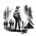 Scout Camp Black And White. Generative AI Royalty Free Stock Photo