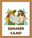 Scout children in uniform carrying backpack exploring map in forest, Summer camp vector poster, expedition activities Royalty Free Stock Photo