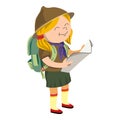 Scout girl with map icon, cartoon style
