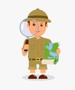 Scout holding a magnifier and a map on a white background. Concept design isolated character explorer boy