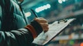 A scout meticulously taking notes on a players statistics and performance in order to make evidencebased recommendations Royalty Free Stock Photo
