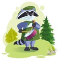 Scout raccoon drummer beats drum. Boy scout summer camp