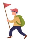 Scout walking with red flag on pole, traveling boy