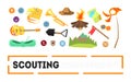 Scouting Banner Template with Camping and Hiking Equipment and place for Text, Outdoor Adventure Symbols Vector