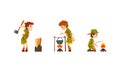 Scouting Boys Set, Boy Scouts Wearing Khaki Uniform Cooking Food on Bonfire, Roasting Marshmallow Vector Illustration