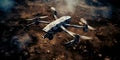 Scouting combat drone painted in protective military color flying over scorched ground Royalty Free Stock Photo