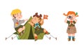 Scouting kids set. Boy and girl wearing uniform and neckerchiefs camping and looking through binoculars cartoon vector Royalty Free Stock Photo