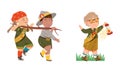 Scouting kids set. Boy and girl wearing uniform and neckerchiefs having summer outdoor adventures cartoon vector